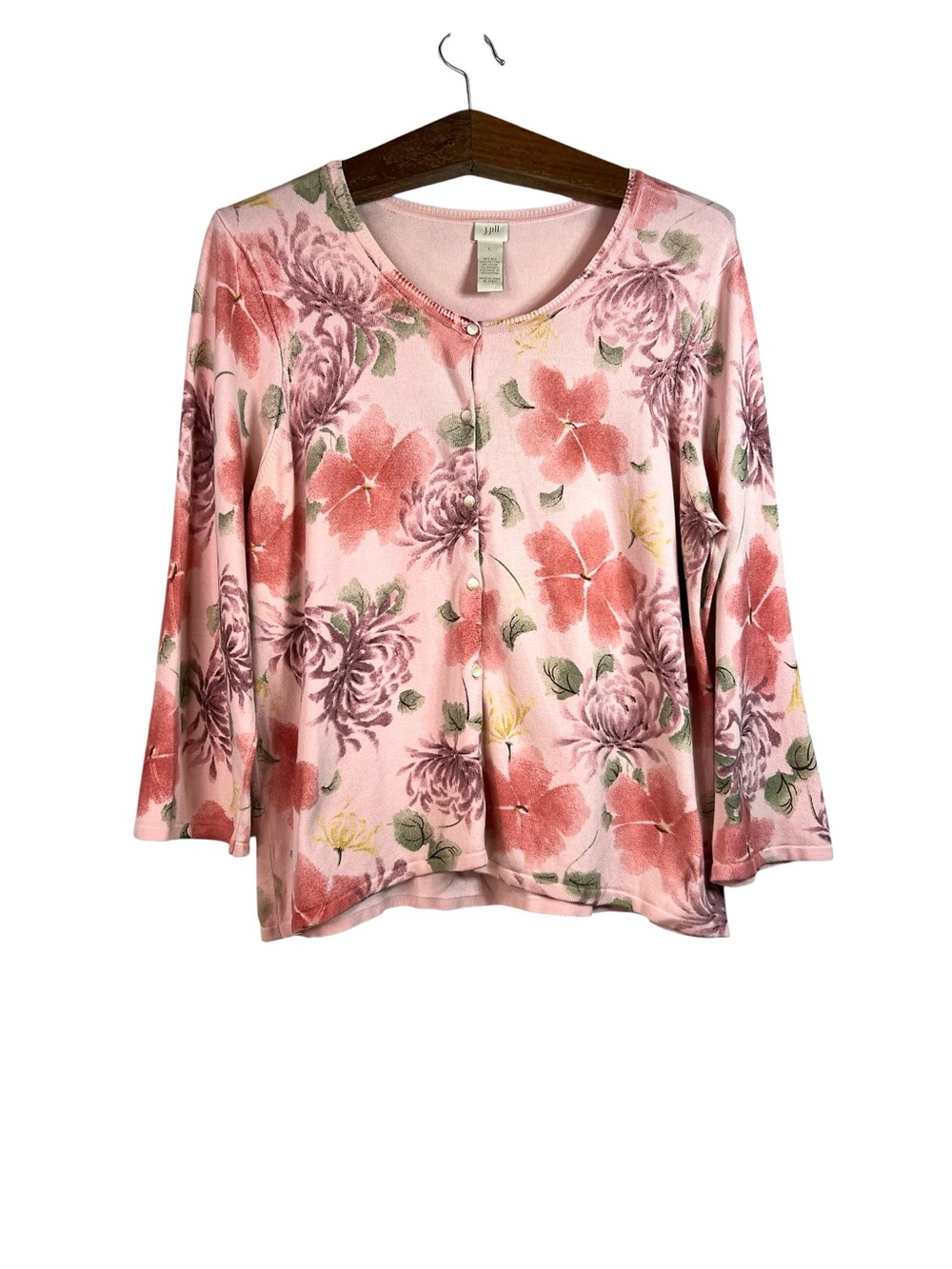 Vintage J.Jill Pink Floral Embroidered Bead Cardigan Size L Silk Blend Boho